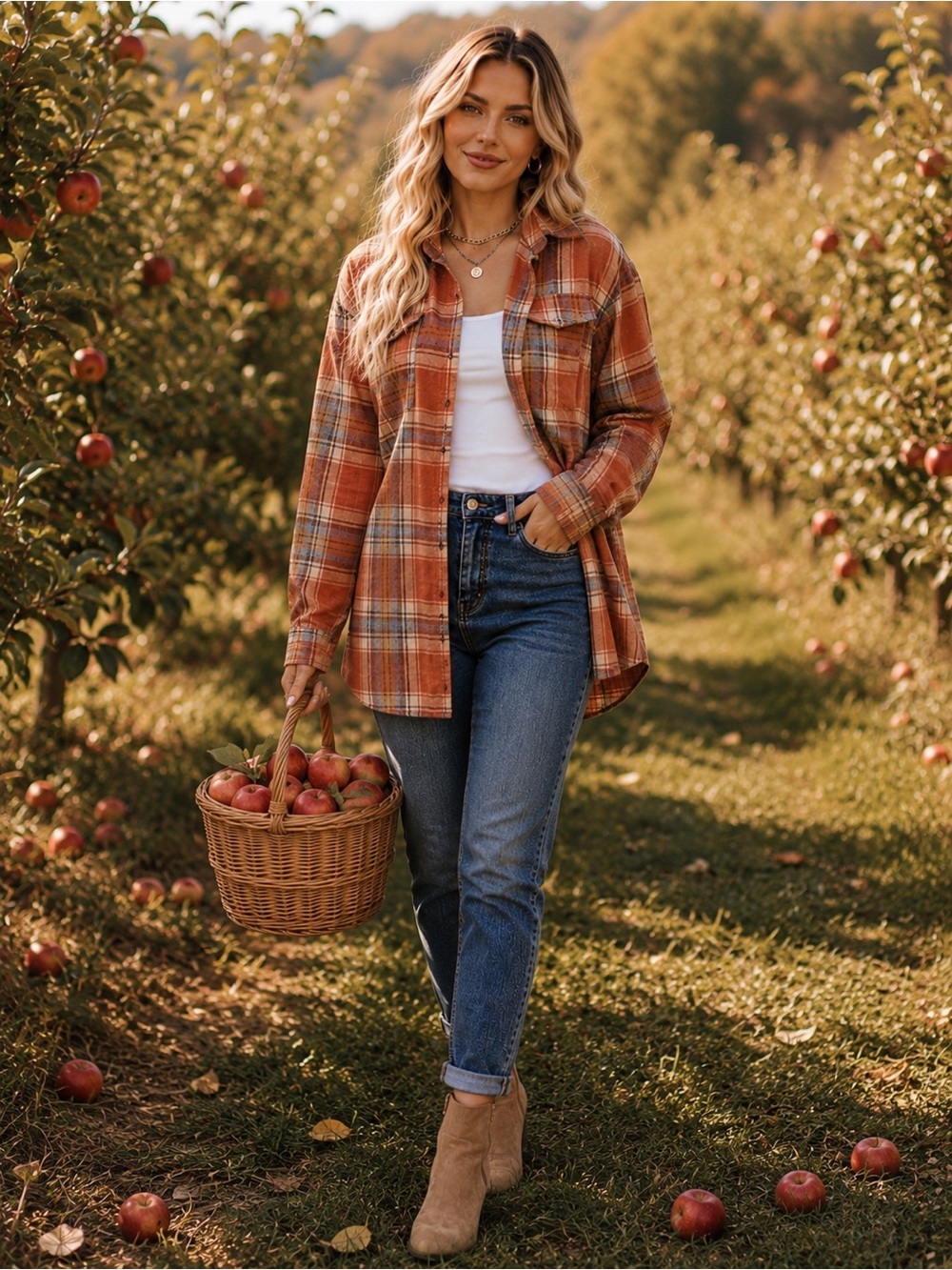 Orange Brown Plaid Button Down Flannel Shirt